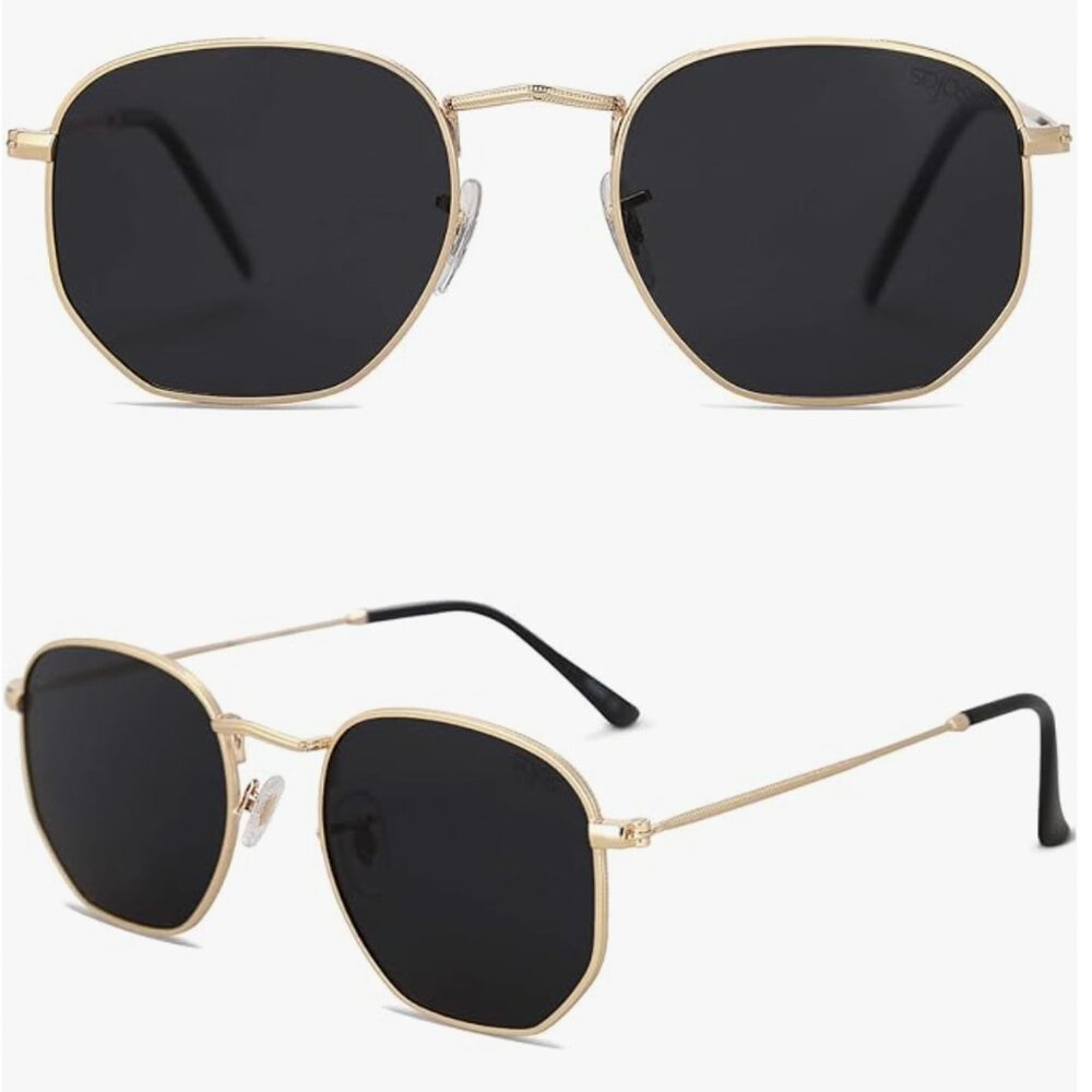 Square Polarized Sunglasses for Women Men Small Hexagonal Black